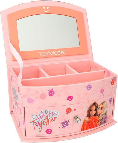 Depesche 12437 TOPModel Happy Together Small Pink with Smiley Pattern and Model Motif, Jewellery Box with Mirror and Hinged Lid, Multicoloured