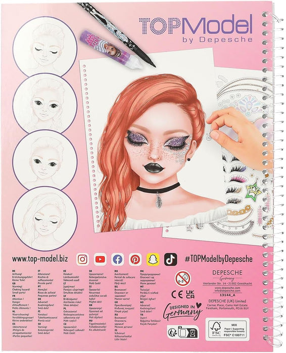Depesche 13144 Create Your Top Model Coloring Book, 20 Pages for Creating Beauty and Makeup Looks, Includes Sticker Sheet, Multicoloured, One Size