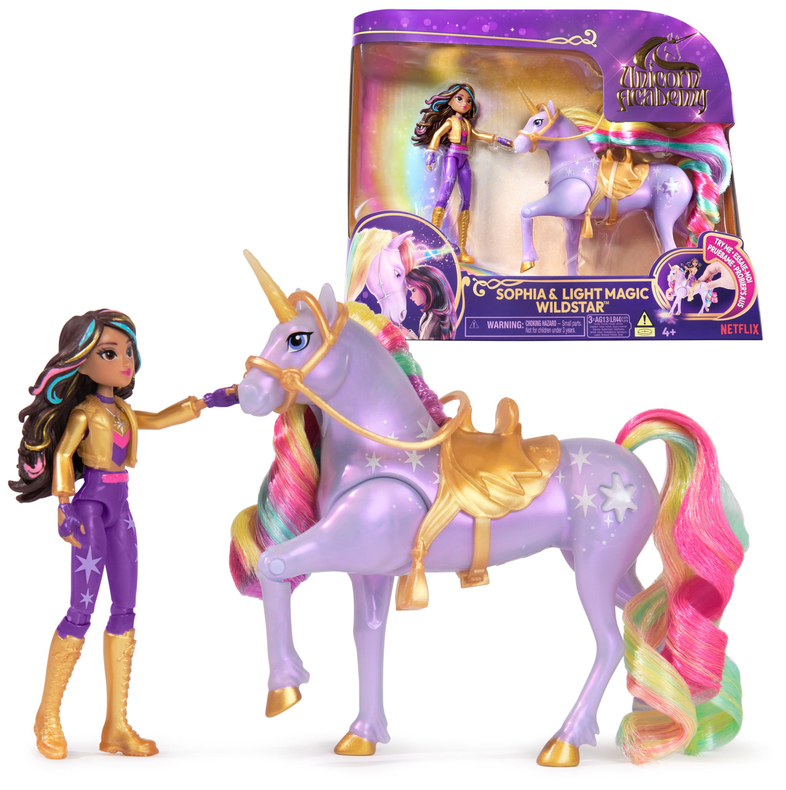 Unicorn Academy, Sophia & Light Magic Wildstar with Rainbow Light-up Effects, 2 Riding Accessories, Dolls and Unicorn Toys for Girls Aged 4 and up
