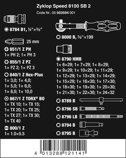 Wera 8100 SB 2 Zyklop Speed Ratchet, Sockets, Bits and Accessories Set, 3/8" Drive, 43PC, 05003594001 & Tool-Check Plus Mini Bit Ratchet, Socket, Screwdriver & Bit Set, 39pc, 05056490001