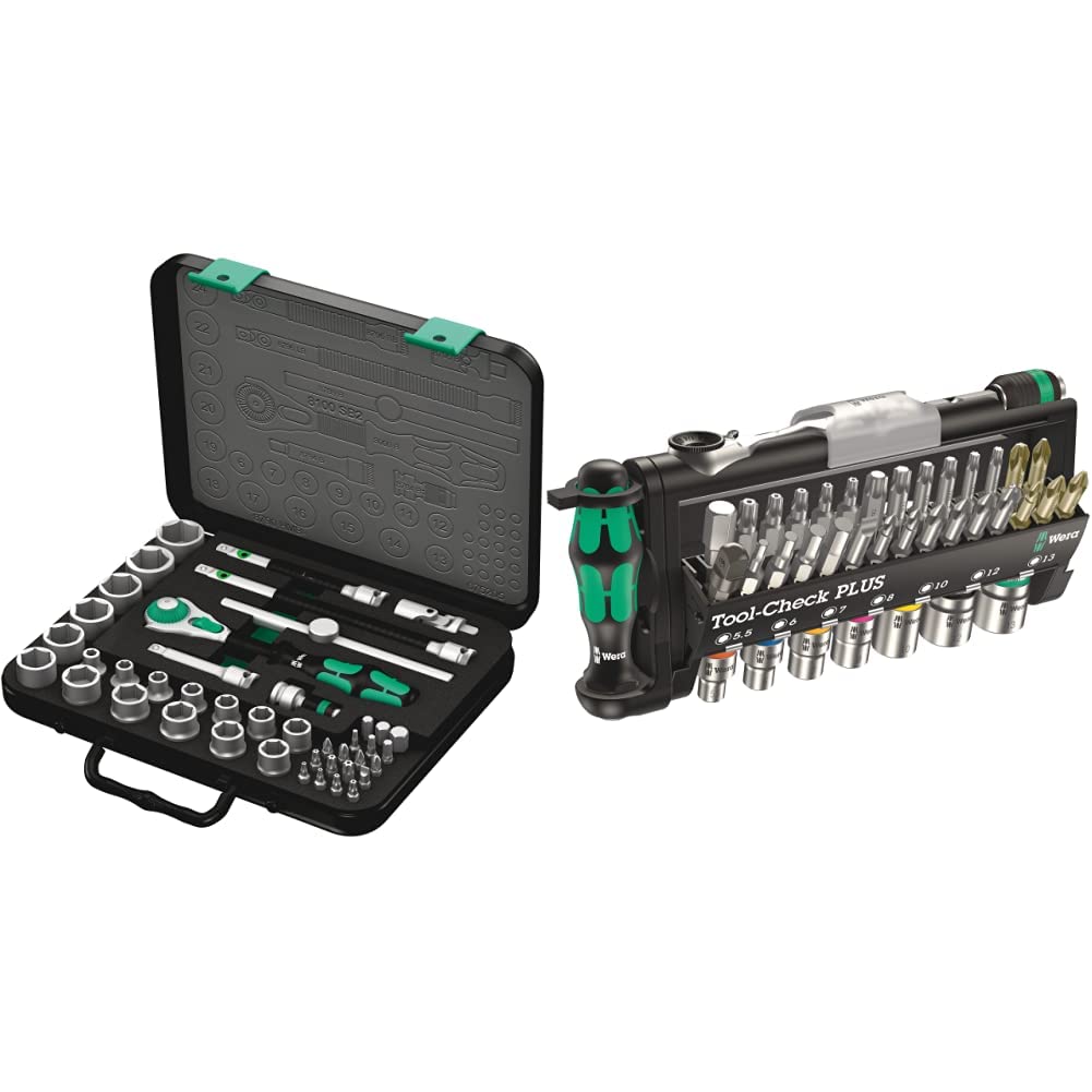 Wera 8100 SB 2 Zyklop Speed Ratchet, Sockets, Bits and Accessories Set, 3/8" Drive, 43PC, 05003594001 & Tool-Check Plus Mini Bit Ratchet, Socket, Screwdriver & Bit Set, 39pc, 05056490001