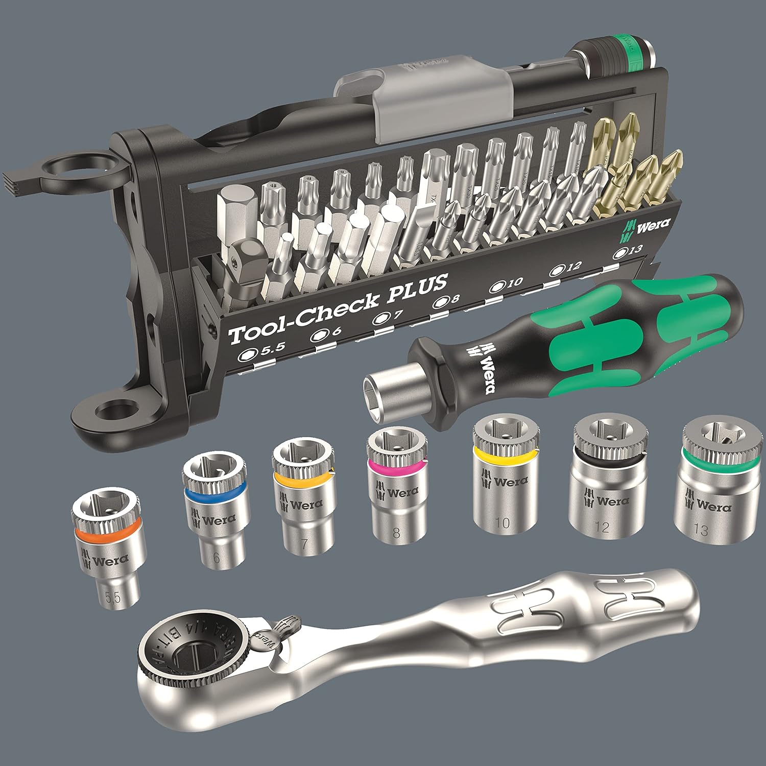 Wera 8100 SB 2 Zyklop Speed Ratchet, Sockets, Bits and Accessories Set, 3/8" Drive, 43PC, 05003594001 & Tool-Check Plus Mini Bit Ratchet, Socket, Screwdriver & Bit Set, 39pc, 05056490001