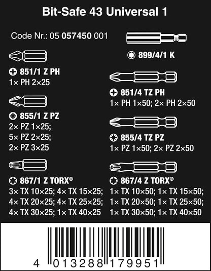 Wera Bit-Safe 43 Universal 1 Comprehensive Standard Bits and Holder Set in Pouch (for Drill/Drivers) 43pc, 0505745000