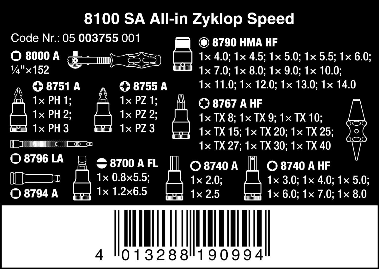 Wera Zyklop Speed 8100 SA All-in Ratchet Set, 1/4" Drive, Metric, 42pc, 05003755001 & Belt A Deep 1 Socket Set of 9 Metric 1/4in Drive