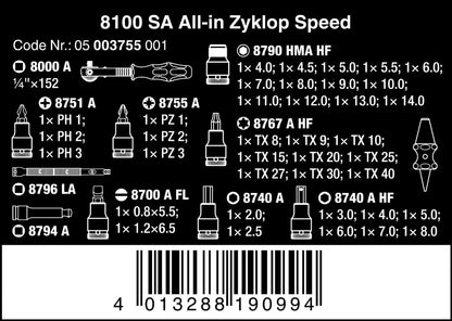 Wera Zyklop Speed 8100 SA All-in Ratchet Set, 1/4" Drive, Metric, 42pc, 05003755001 & Belt A Deep 1 Socket Set of 9 Metric 1/4in Drive