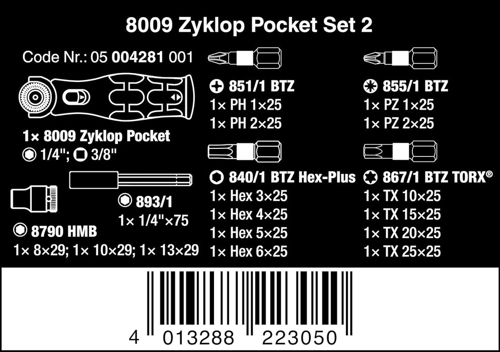 Wera 05004281001 8009 Zyklop Pocket Set 2, Ratchet Set, 18 Pieces Black-Green & Tool-Check Plus Mini Bit Ratchet, Socket, Screwdriver & Bit Set, 39pc, 05056490001