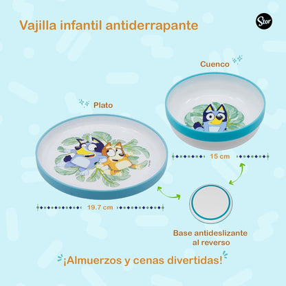 Bluey Reusable Non-Slip Children's Tableware with Two-Tone Silicone Base Composed of Plate, Bowl, Cup and Cutlery