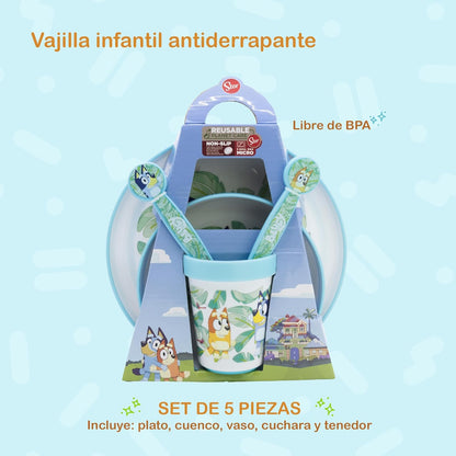 Bluey Reusable Non-Slip Children's Tableware with Two-Tone Silicone Base Composed of Plate, Bowl, Cup and Cutlery