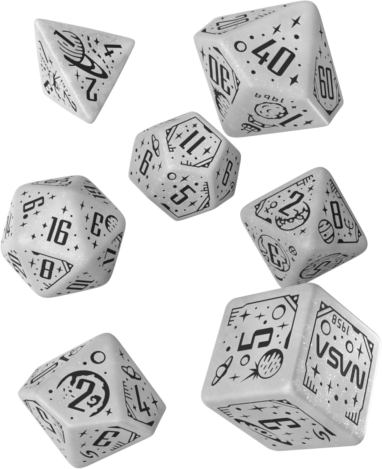 Q-Workshop Space Dice Set Apollo RPG Dice Set Inspired by NASA Apollo – Shimmering White with Black Engravings – Perfect for Tabletop Games & RPGs – 7 Polyhedral Dice (D4, D6, D8, 2D10, D12, D20