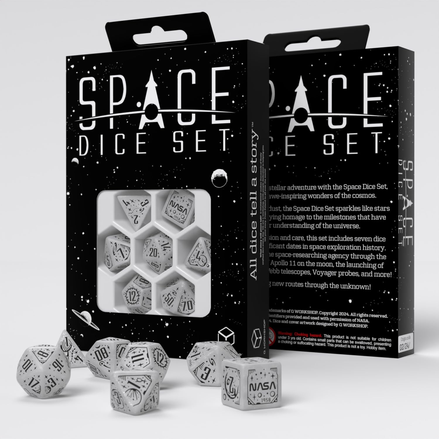 Q-Workshop Space Dice Set Apollo RPG Dice Set Inspired by NASA Apollo – Shimmering White with Black Engravings – Perfect for Tabletop Games & RPGs – 7 Polyhedral Dice (D4, D6, D8, 2D10, D12, D20
