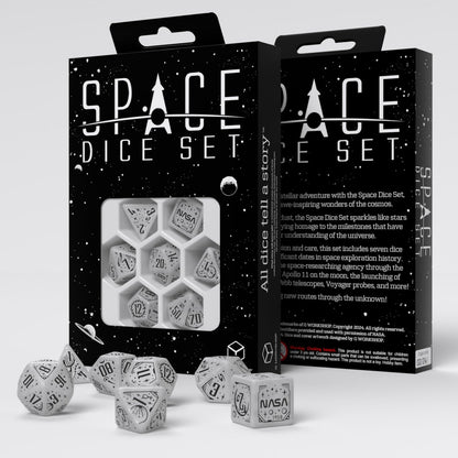 Q-Workshop Space Dice Set Apollo RPG Dice Set Inspired by NASA Apollo – Shimmering White with Black Engravings – Perfect for Tabletop Games & RPGs – 7 Polyhedral Dice (D4, D6, D8, 2D10, D12, D20
