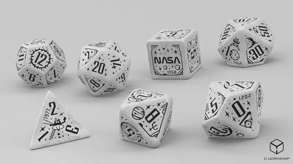 Q-Workshop Space Dice Set Apollo RPG Dice Set Inspired by NASA Apollo – Shimmering White with Black Engravings – Perfect for Tabletop Games & RPGs – 7 Polyhedral Dice (D4, D6, D8, 2D10, D12, D20