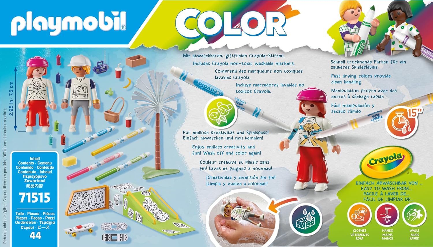 PLAYMOBIL Color 71515 Skatepark, audaces Acrobacias en monopatín, con bolígrafos y Accesorios solubles en Agua, Juguetes para niños y niñas a Partir de 6 años