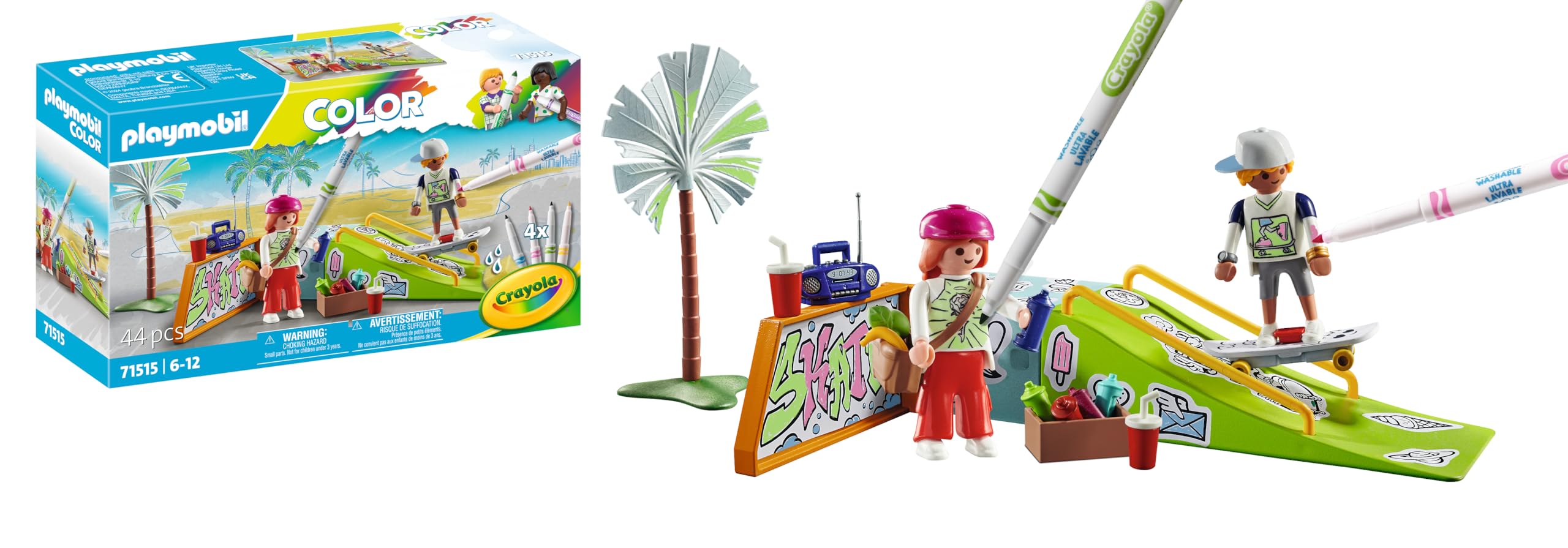 PLAYMOBIL Color 71515 Skatepark, audaces Acrobacias en monopatín, con bolígrafos y Accesorios solubles en Agua, Juguetes para niños y niñas a Partir de 6 años