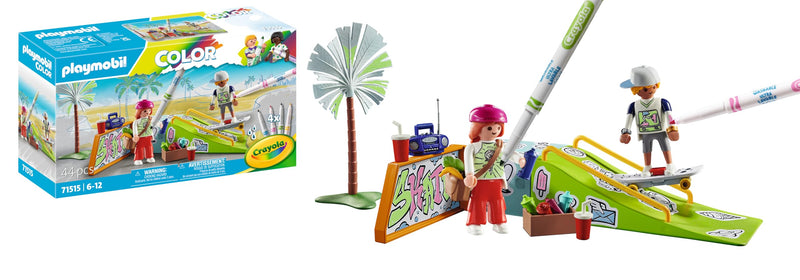 PLAYMOBIL Color 71515 Skatepark, audaces Acrobacias en monopatín, con bolígrafos y Accesorios solubles en Agua, Juguetes para niños y niñas a Partir de 6 años