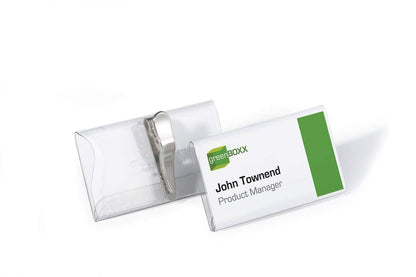 Durable 811019 Portanombres (con pinza de cocodrilo, 40 x 75 mm) Paquete de 25 piezas, transparente