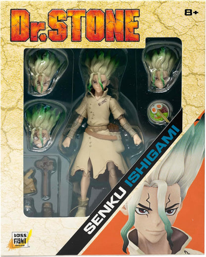 Boss Fight Studio Dr. Stone Senku Action Figure – Highly Articulate Collectible Figurine with Accessories Including Alternate Heads and Hands, Ramen, Sextant, Axe, Bottles, and Flasks – 4” Scale Senku Ishigami