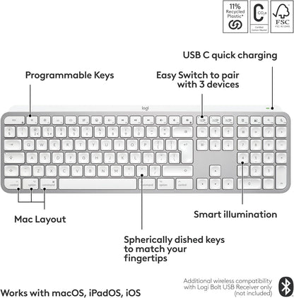 Logitech Master Series Mx Keys S For Mac - Keyboard - Full Size - Backlit - Wireless - Bluetooth Le - Qwerty - Uk - Pale