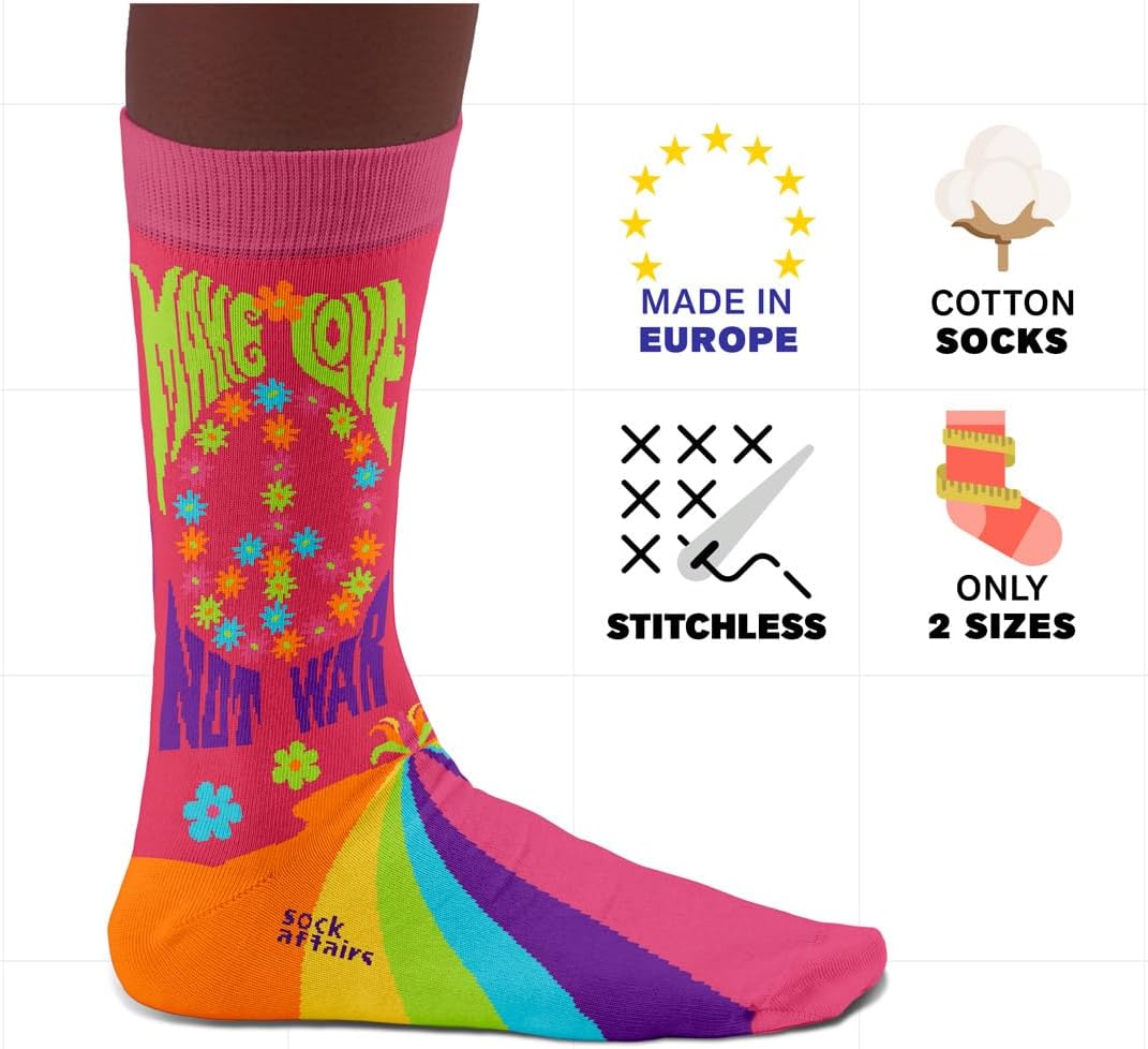 Peace & Love Socks, Hippie Accessories - Perfect present for hippie fans, Cotton Socks, Only 2 sizes, for Men and Women,4-7 and 7½-11½