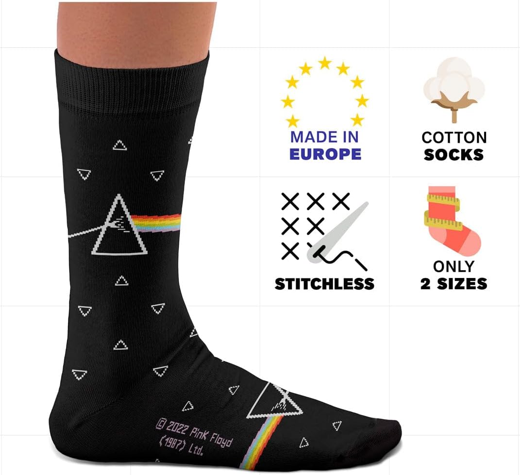 Pink Floyd The Dark Side of The Moon Socks, 50th Anniversary - Perfect Present for music lovers and fans, Cotton Socks, 2 Sizes, 4-7 and 7½-11½