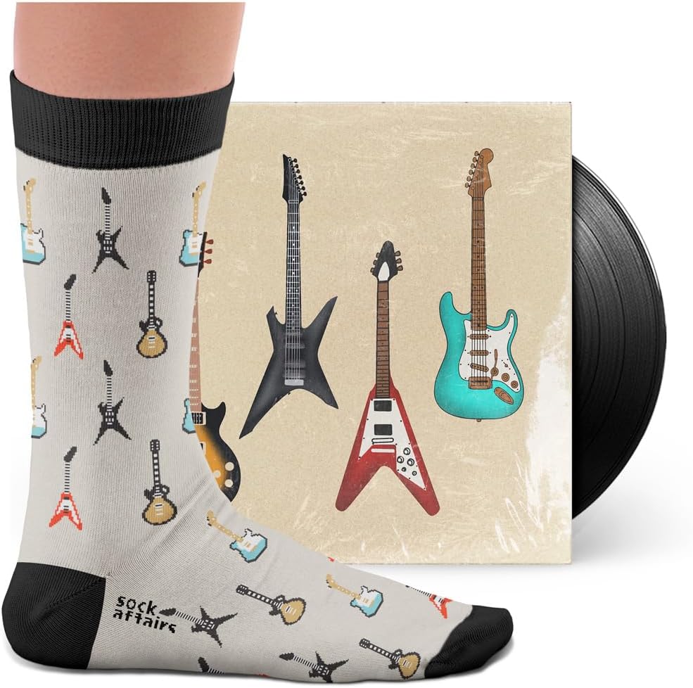 Six String Socks, Acoustic Guitar, Guitar Strings - Perfect Present for music lovers and Guitar fans, Cotten Socks, Only 2 sizes, for Men and Women, 4-7 and 7½-11½