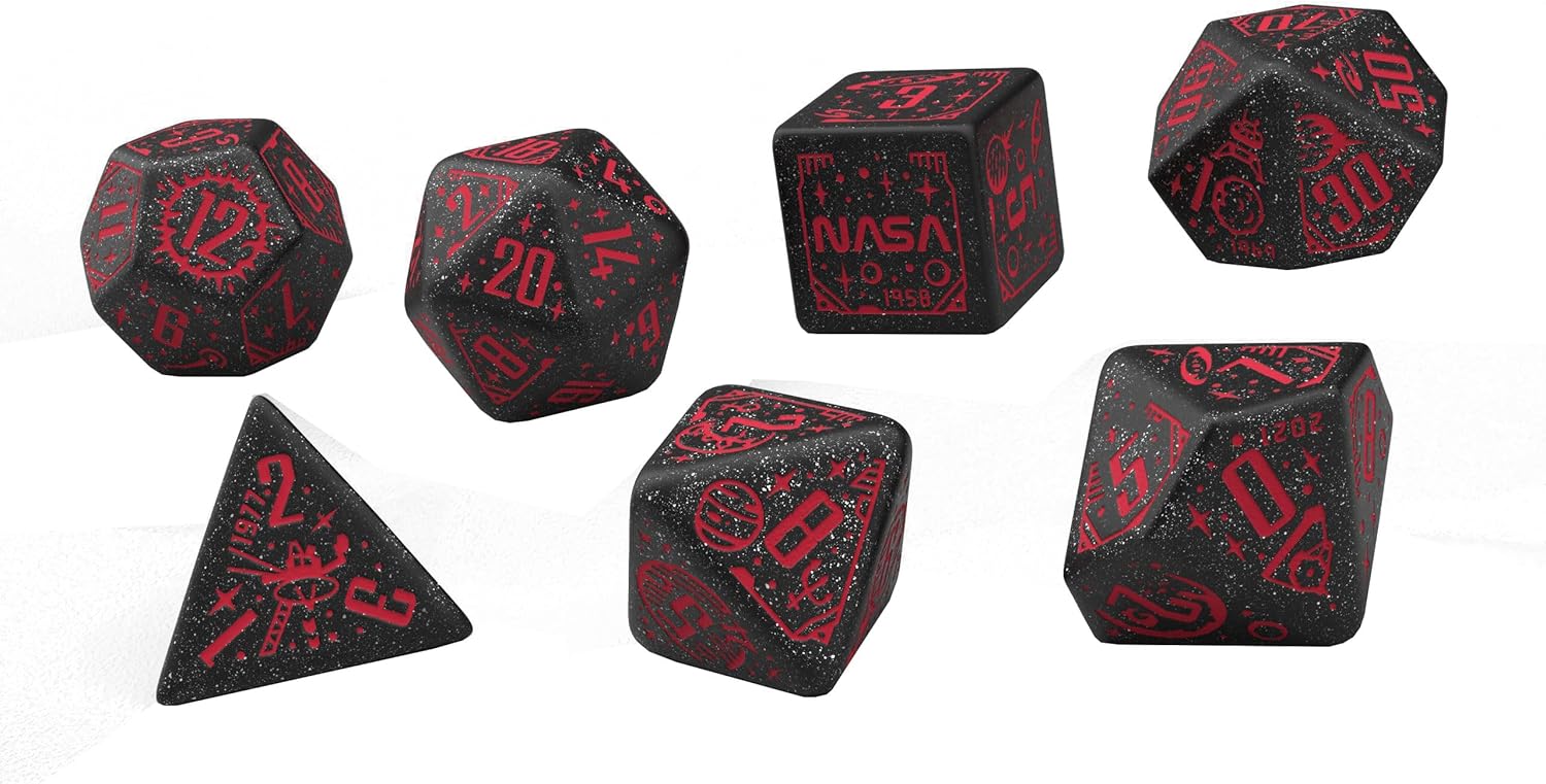 Q-Workshop Space Dice Set Voyager RPG Dice – Shimmering Black with Red Engravings – Ideal for Tabletop Games & RPGs – 7 Polyhedral Dice – (D4, D6, D8, 2D10, D12, D20)