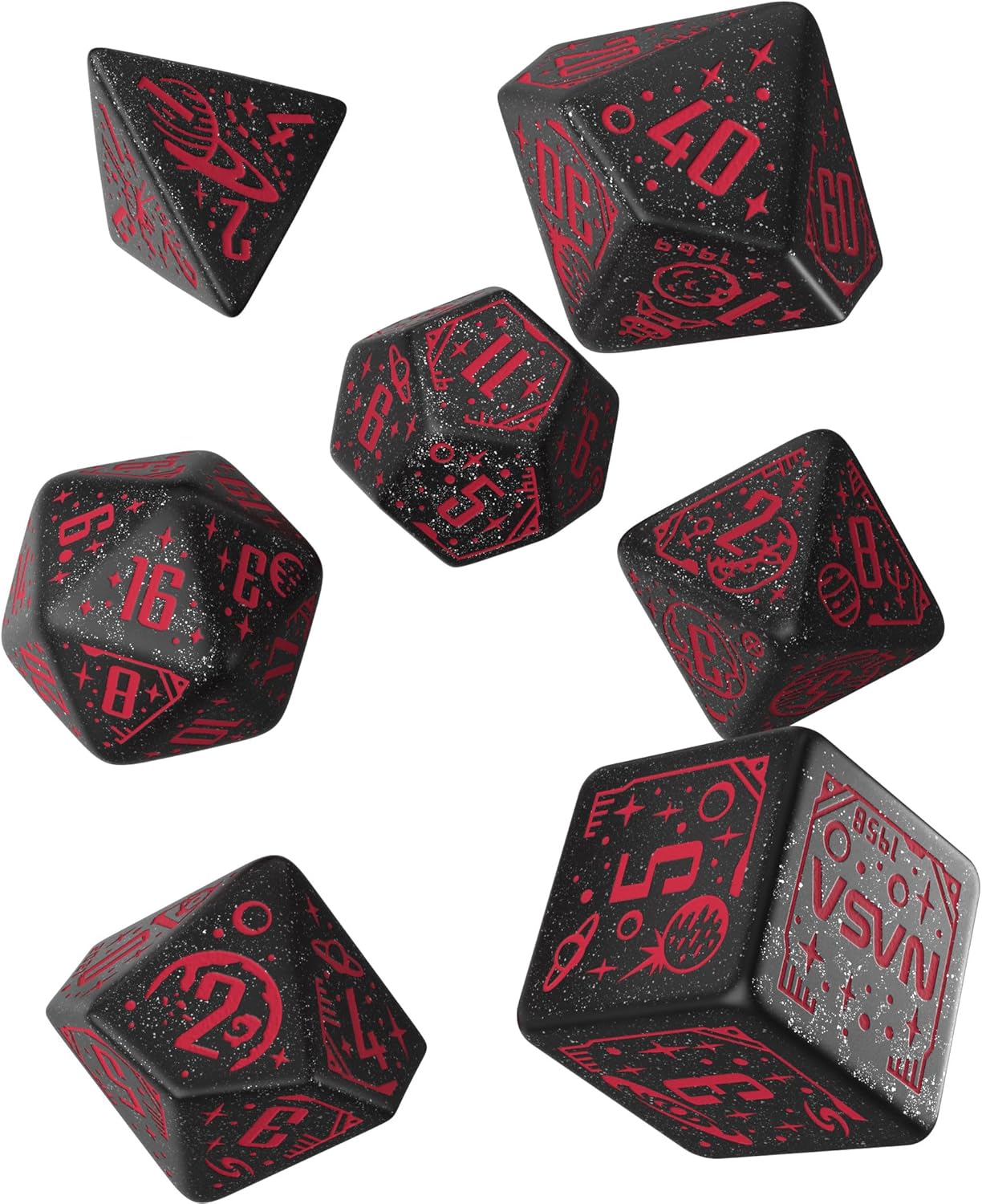 Q-Workshop Space Dice Set Voyager RPG Dice – Shimmering Black with Red Engravings – Ideal for Tabletop Games & RPGs – 7 Polyhedral Dice – (D4, D6, D8, 2D10, D12, D20)