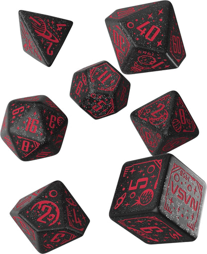 Q-Workshop Space Dice Set Voyager RPG Dice – Shimmering Black with Red Engravings – Ideal for Tabletop Games & RPGs – 7 Polyhedral Dice – (D4, D6, D8, 2D10, D12, D20)