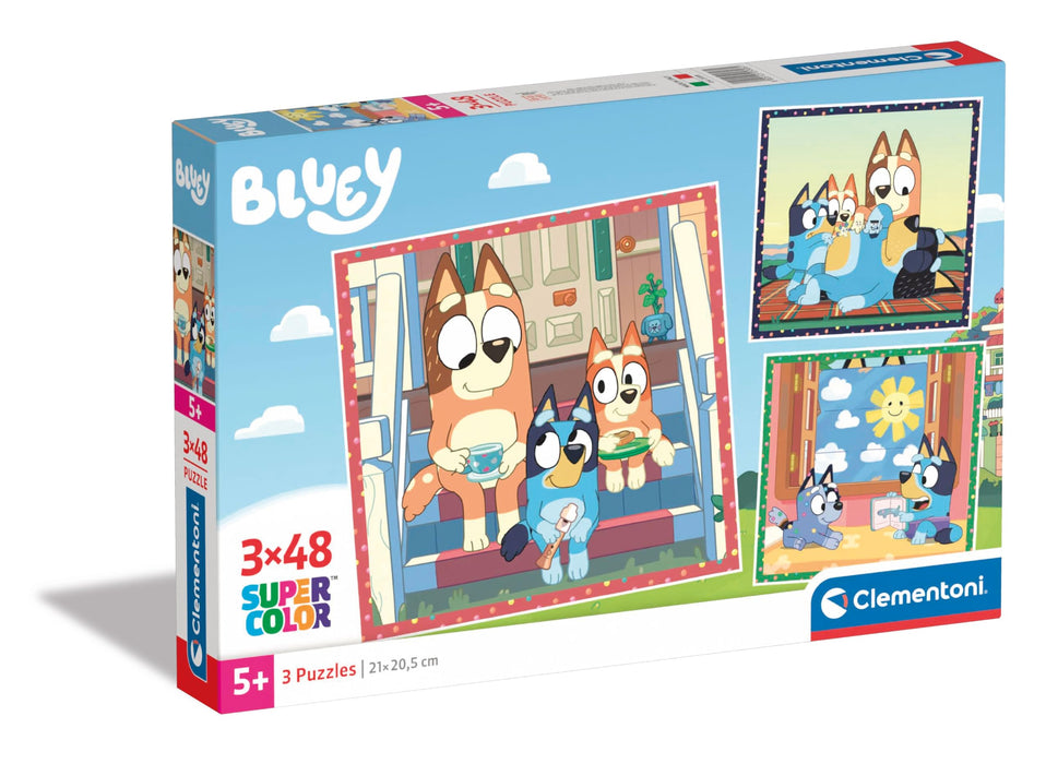 Clementoni Bluey Puzzle 3 x 48 Teile - Puzzle 32 x 22 cm für Kinder ab 5 Jahre - buntes Kinderpuzzle mit besonderer Leuchtkraft & Farbintensität 25308