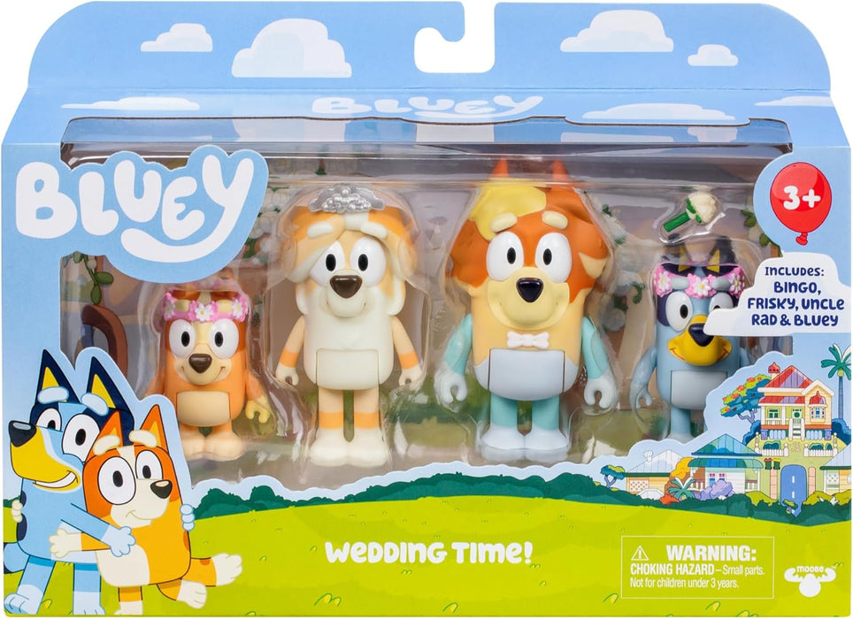 Bluey Figure 4-Pack Wedding Time, Re-enact Uncle Rad And Frisky's Wedding Day And Bingo Flower Girl Figures, White