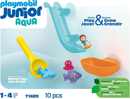 Playmobil 71689 JUNIOR AQUA: Water Slide with Sea Animals, including Baby Shark, Fish and Baby Octopus, sustainable toy made from plant-based plastics, play sets suitable for children ages 1+