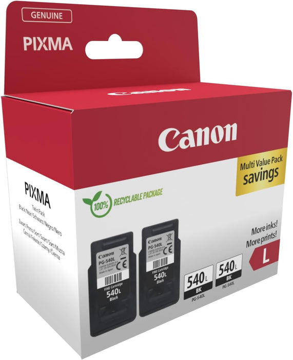 Canon PG-540L (2 x Black) High Yield Genuine Ink Cartridges - Cardboard Twin Pack