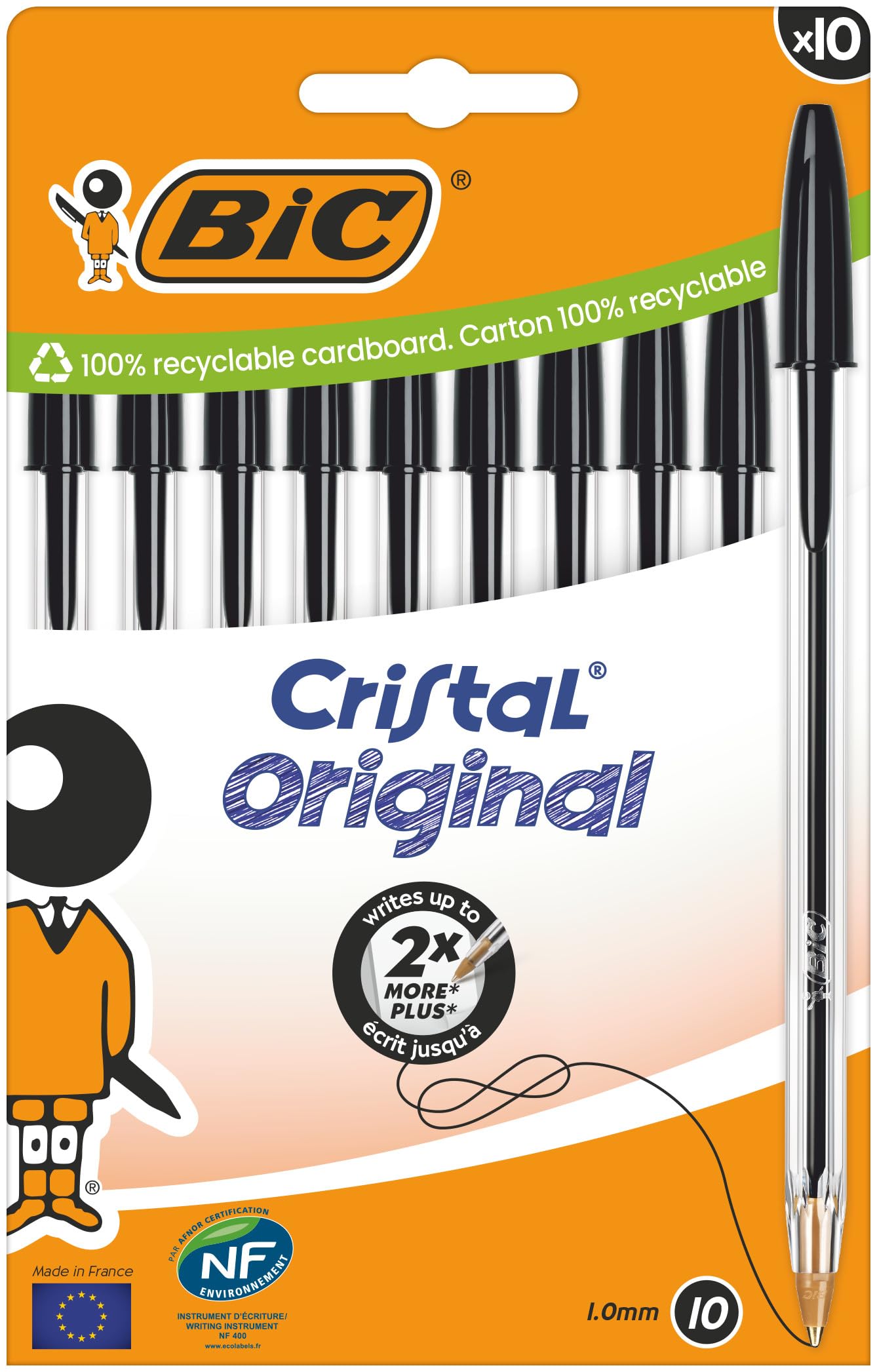BIC Penne a Sfera Cristal Original con Punta Media (1,00 mm) e Tappi Abbinati al Colore dell’Inchiostro - Nero, Confezione da 10