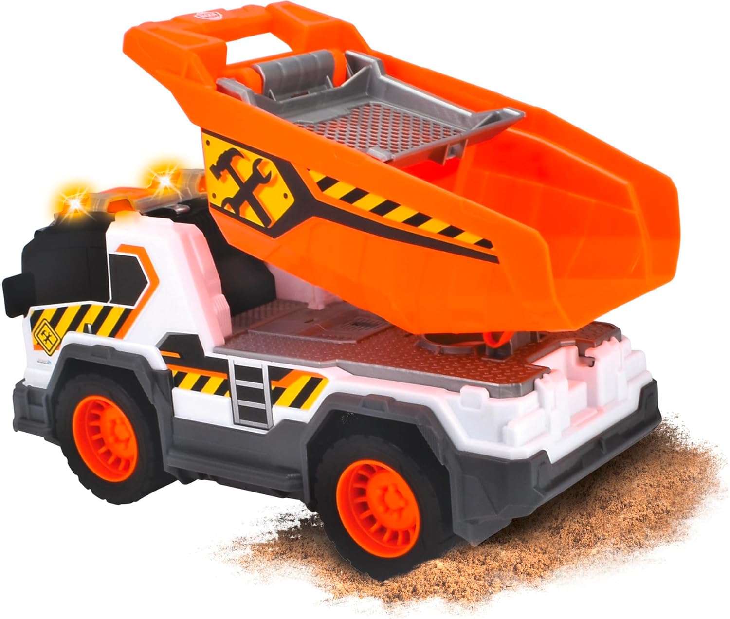 Dickie City Heroes camión volquete de Obra 30 cm con luz y Sonido, Plataforma de Carga volteable con tamiz de Arena y Pala Extraible A Partir de 3 años (203306025