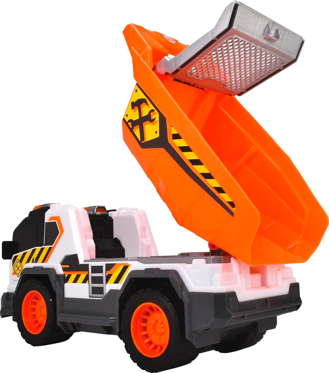 Dickie City Heroes camión volquete de Obra 30 cm con luz y Sonido, Plataforma de Carga volteable con tamiz de Arena y Pala Extraible A Partir de 3 años (203306025