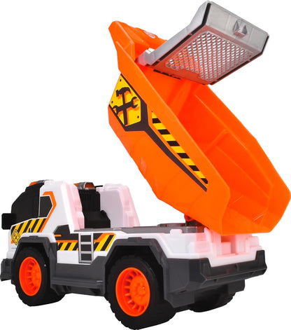 Dickie City Heroes camión volquete de Obra 30 cm con luz y Sonido, Plataforma de Carga volteable con tamiz de Arena y Pala Extraible A Partir de 3 años (203306025