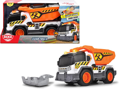 Dickie City Heroes camión volquete de Obra 30 cm con luz y Sonido, Plataforma de Carga volteable con tamiz de Arena y Pala Extraible A Partir de 3 años (203306025