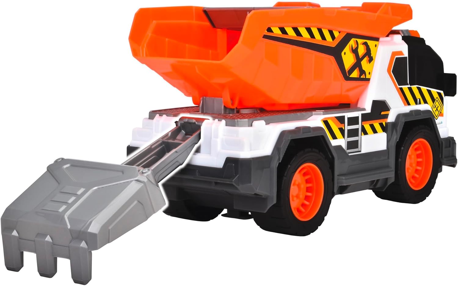 Dickie City Heroes camión volquete de Obra 30 cm con luz y Sonido, Plataforma de Carga volteable con tamiz de Arena y Pala Extraible A Partir de 3 años (203306025
