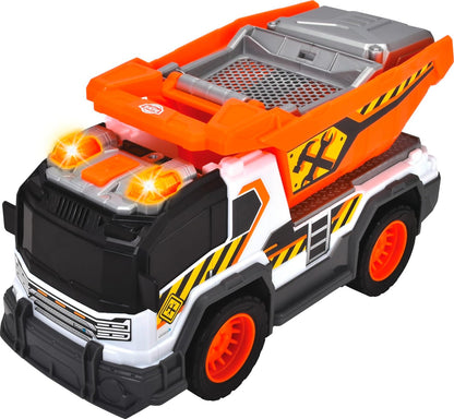 Dickie City Heroes camión volquete de Obra 30 cm con luz y Sonido, Plataforma de Carga volteable con tamiz de Arena y Pala Extraible A Partir de 3 años (203306025