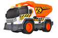 Dickie City Heroes camión volquete de Obra 30 cm con luz y Sonido, Plataforma de Carga volteable con tamiz de Arena y Pala Extraible A Partir de 3 años (203306025
