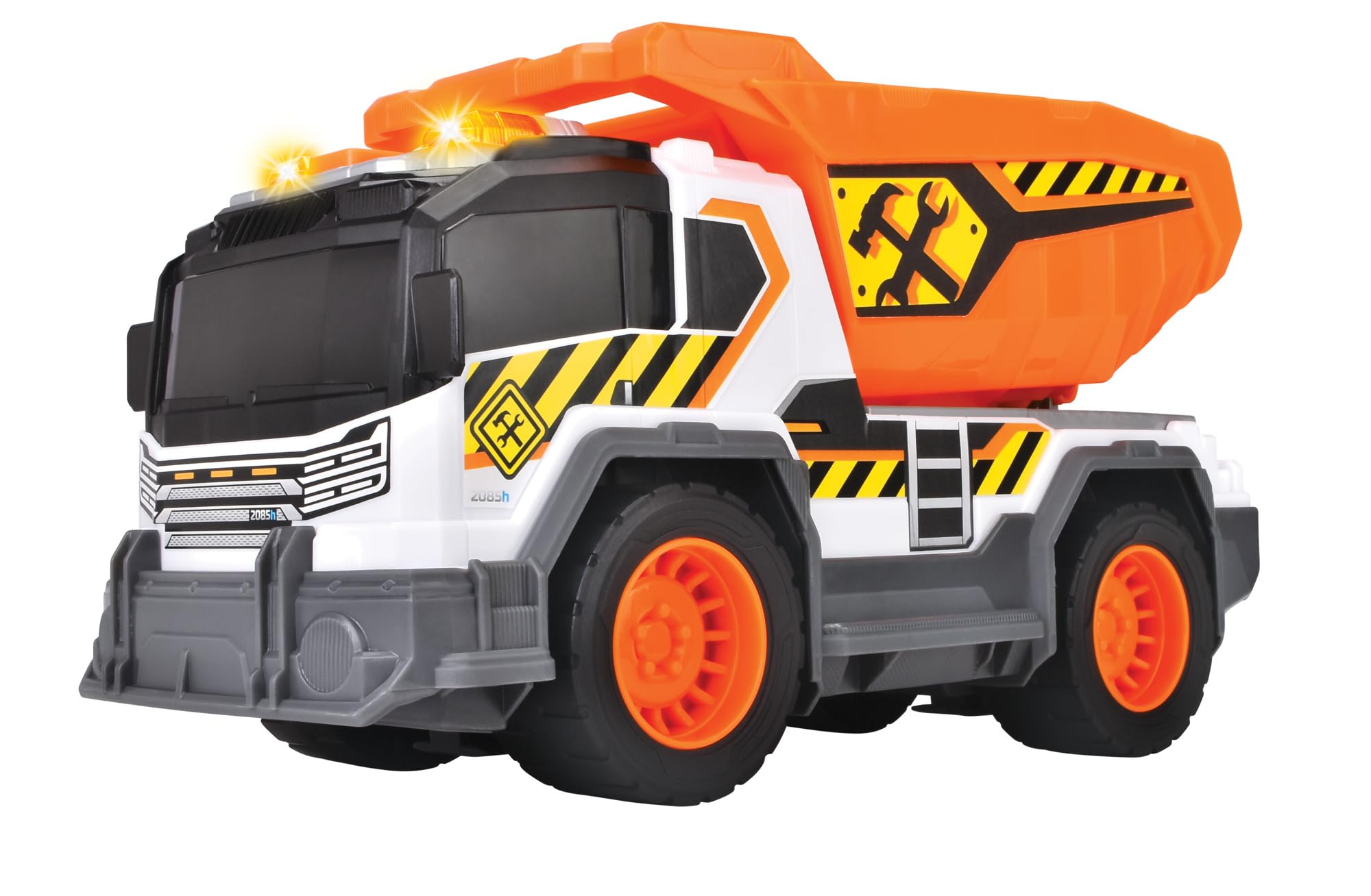 Dickie City Heroes camión volquete de Obra 30 cm con luz y Sonido, Plataforma de Carga volteable con tamiz de Arena y Pala Extraible A Partir de 3 años (203306025