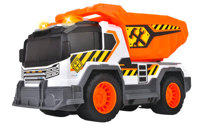 Dickie City Heroes camión volquete de Obra 30 cm con luz y Sonido, Plataforma de Carga volteable con tamiz de Arena y Pala Extraible A Partir de 3 años (203306025