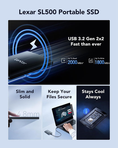 Lexar SL500 External SSD 1TB, USB3.2 Gen2x2 Portable SSD, PSSD up to 2000MB/s Read, 1800MB/s Write, External Solid State Drive with Metal Design, DataShieldTM 256-bit AES Encryption(LSL500X001T-RNBNG)