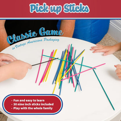 Way Back Toys Pick Up Sticks, 30 colorful wooden sticks and easy to carry container, game of steady hands and skill, novelty family fun game for ages 5 and up