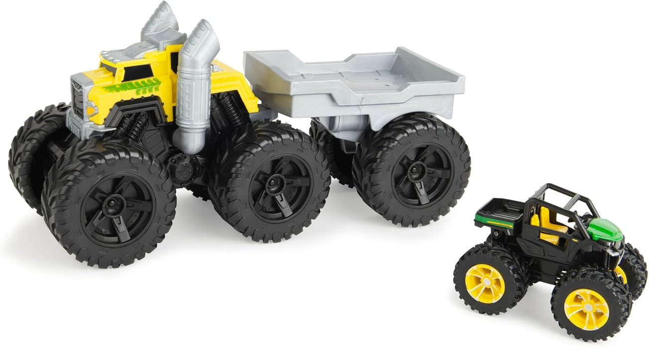 John Deere Monster Treads Rev and Roar Semi Playset - Jouet Monster Truck avec Effet Sonore de Moteur Vrombissant, Remorque Amovible et Mini Tracteur - Jouet Monster Truck pour de 3 Ans