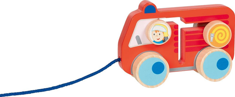 goki 54856 - Veicolo trainabile per bambini 112, giocattolo giocoso in legno, pompiere e tubo, pneumatici rotanti, a partire da 1 anno