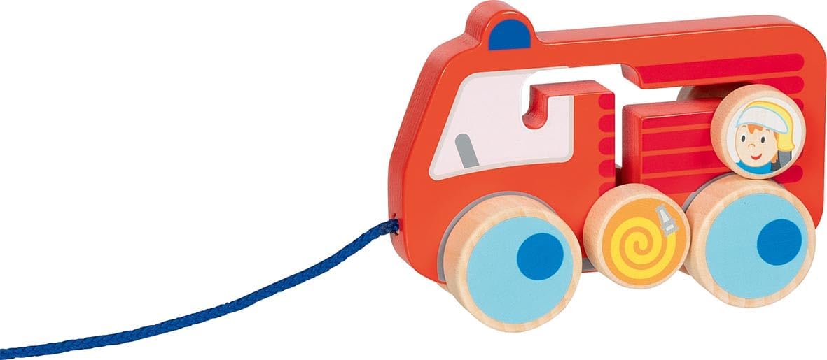 goki 54856 - Veicolo trainabile per bambini 112, giocattolo giocoso in legno, pompiere e tubo, pneumatici rotanti, a partire da 1 anno