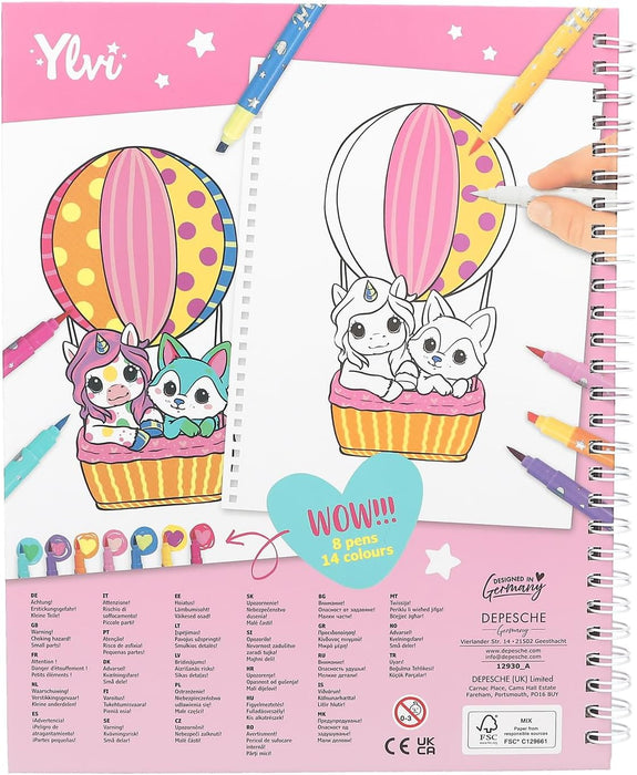 Depesche 12930 Ylvi - Malbuch Set mit 30 Doppelseiten zum Gestalten von Model Motiven, inkl. 7 Fasermaler und Magic Stift