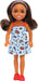 Barbie Chelsea Doll, Small Doll Wearing Removable Blue Dress with Colorful Print & Pink Shoes, Brown Hair & Green Eyes