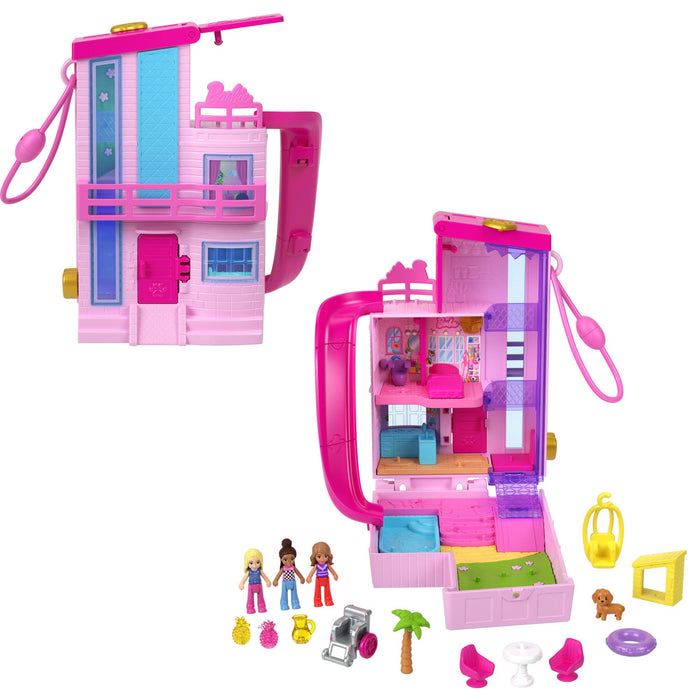 Polly Pocket Maison de Rêve Barbie Coffret avec 3 Mini-Figurines, 1 Chiot, 11 Accessoires, Ascenseur et Piscine, HWP11